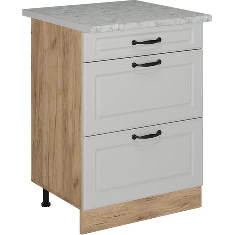 Mobiletto base per cucina R-Line, Bianco casa di campagna, 60 cm con cassetti, marmo AP, Vicco (1/5)