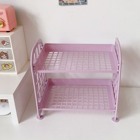 Étagère bureau 2 niveaux garde-corps latéral pliable double empilage support rangement cosmétiques papeterie violet clair