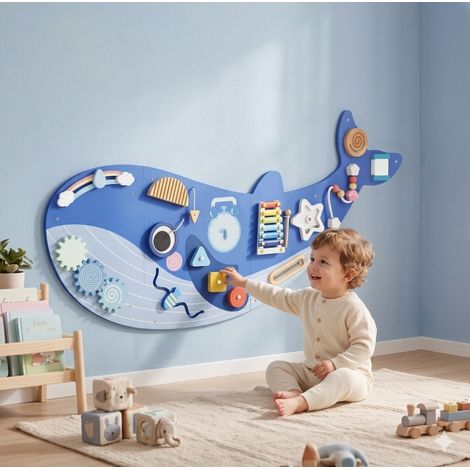 Tableau d'activités Montessori baleine 120x55,5 cm en MDF bleu, gain de place mural FloraGrace (1/5)