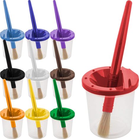 Cup Peinture Enfant - 10 Pièces Avec Couvercles Étanches Et Couleurs Codées - Ensemble De 10 Brosses Rondes À Poignée Plastique