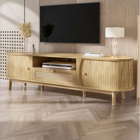 Meuble TV en Rotin 165 cm, Meuble TV avec Portes 2 coulissantes et avec tiroirs en rotin - compartiments de rangement ouverts - Campagnard - Natur (1/5)