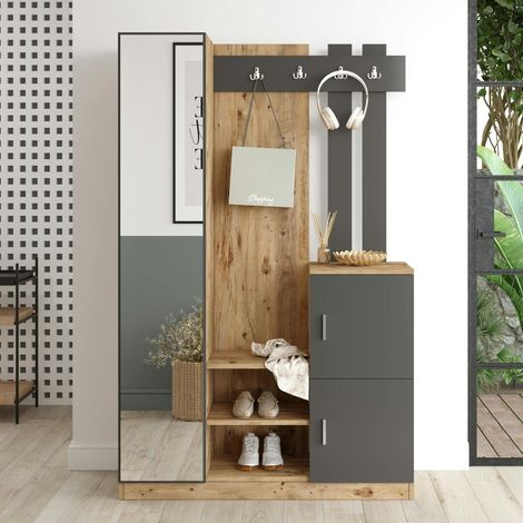 Vestiaire d’entrée 2 portes 1 miroir décor gris et bois MARFA
