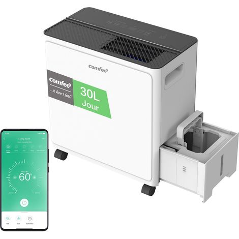 Déshumidificateur Puissant, Absorbe jusqu'à 30L/Jour, Sèche-linge, Mode confort, Réservoir 3L, Minuterie 24H, Idéal pour grandes pièces de 58-73㎡, Garage, Sous-sol (1/5)