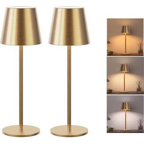 2Pcs Dimmable Wireless Touch Table Lamps, 3 Color Temperatures, IP54 Waterproof Portable Bedside Lamp Gold (1/5)