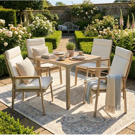 Conjunto mesa y sillas jardín 4 plazas beige para exterior HAVRYA (1/5)