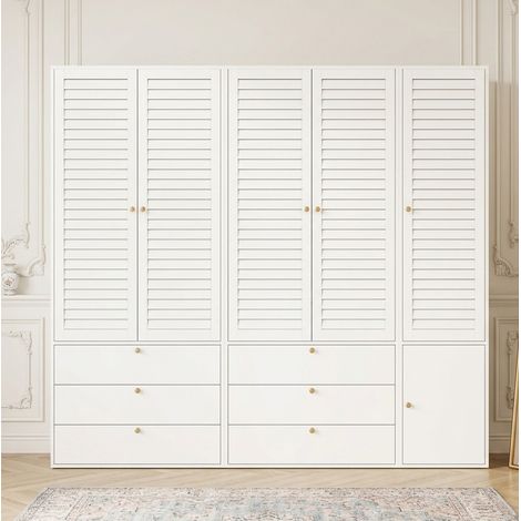 Kleiderschrank 225x50x200 cm, fünftürig, Lamellentüren, 6 Schubladen, Spanplatte, weiß (1/5)