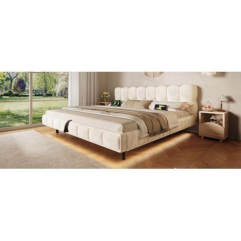 Letto matrimoniale imbottito con contenitore e LED, chenille beige 140x190 cm, USB-C (1/5)
