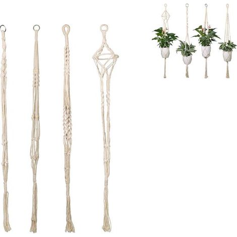 Handgewebte Hängeblumentöpfe Handgeknüpfte Knoten Hängeampel Hängekorb aus Baumwolle Hängekorb 105 cm 4er Pack Bohème Stil für drinnen und drauße (1/5)