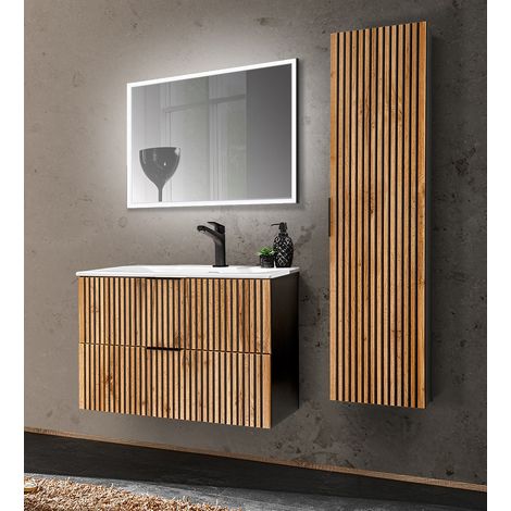 Badezimmer Set mit Waschtisch 81 cm, Hochschrank, LED Spiegel XANTEN-56 in anthrazit mit Eiche Nb. schwarz gerillt, B/H/T: ca. 130/200/46 cm (1/5)
