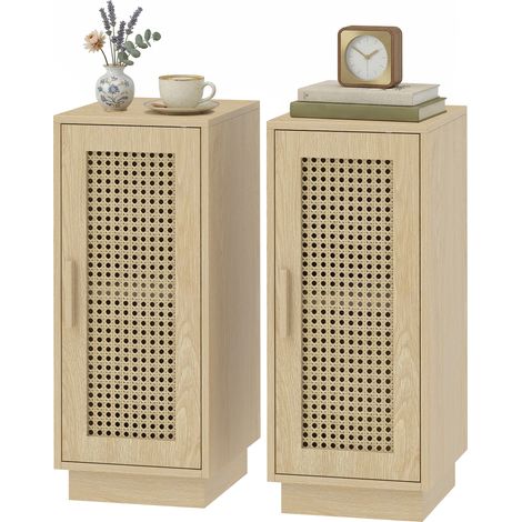 Set aus 2 Nachttischen mit verstellbarem Ablagefach und Tür aus geflochtenem Rattan im Bohème-Stil, 25 x 30 x 60 cm, Naturholz