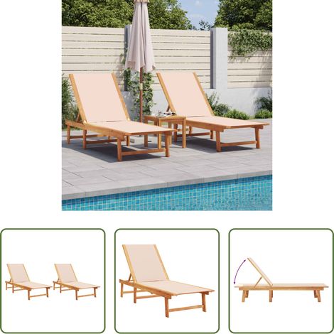 Chaise longue piscine -  Chaises longues lot de 2 crème bois acacia solide et textilène (1/5)