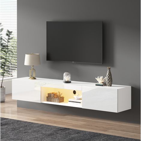 Mueble TV mural 160x31x22 cm blanco en tablero de partículas con LED, 2 puertas y hueco abierto (1/5)
