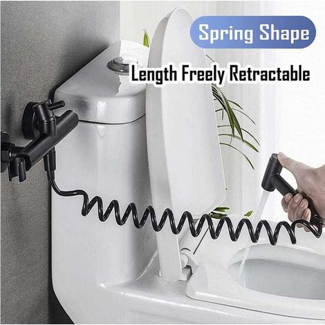 Tuyau de douche, tuyau de douche en mousse avec bouchon en cuivre, tuyau à ressort télescopique, tuyau rétractable pour douchette, toilette et bidet (2M Noir) (1/4)
