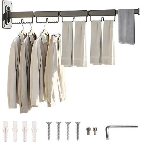 Wall-Mounted Clothes Airer Foldable Extendable Clothes Airer with Extension Bar, Wall Mounted Balcony Airer, Aluminium Clothes Airer with Hook (Charcoal Grey, 4 Compartments Foldable, 160 cm) (1/5)