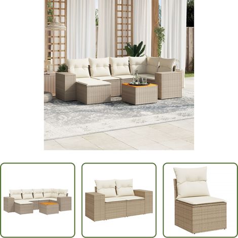 vidaXL Gartensessel - 7-tlg. Garten-Sofagarnitur mit Kissen Beige Poly Rattan (1/5)