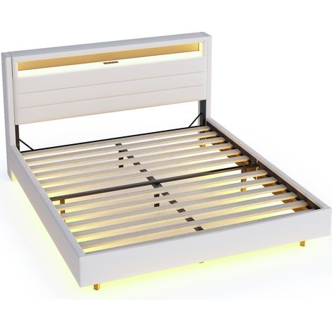 Cama doble tapizada 160x200 cm con USB, LED y cabecero con almacenaje en lino beige (1/5)