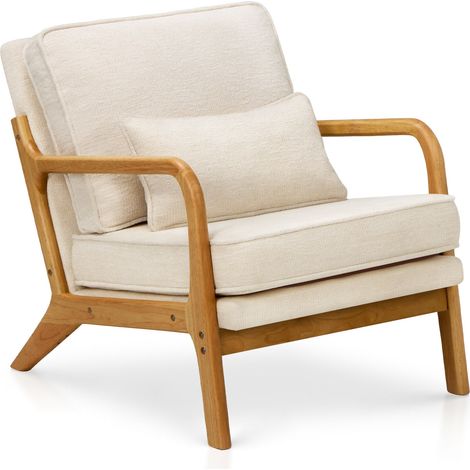 COLAMY Loungesessel mit Lendenkissen, Mid-Century Sessel mit Massivholzrahmen, Beige (1/5)