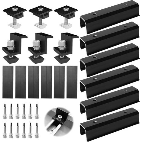 Kit De Supports De Panneau, 6pcs Kit De Montage Solaire, Kit Fixation Panneau Solaire Pour 30mm/35mm (Rails Courts De 120mm), Panneau Solaire Photovoltaïque Pour Toit Plat (Noir) (1/5)