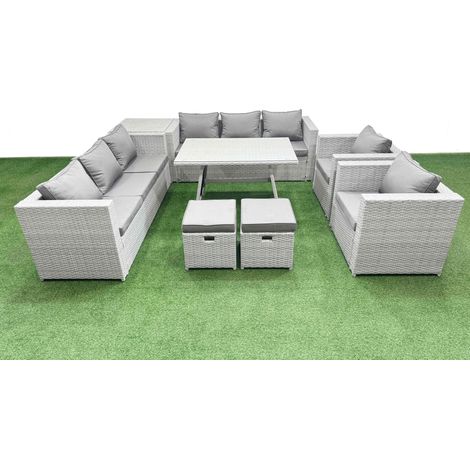 Fimous 10 Seater Garden Furniture Set PE Ratten Garden Sofa Set with Rectangular Dining Table 2 Small Stools Side Table Light Grey (1/4)