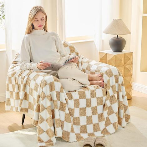 Coperta divano letto Sherpa morbida calda beige 200x230 cm (1/5)