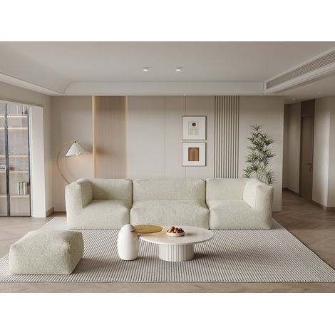 Canapé modulable avec pouf en tissu bouclette beige NOUMARA (1/5)