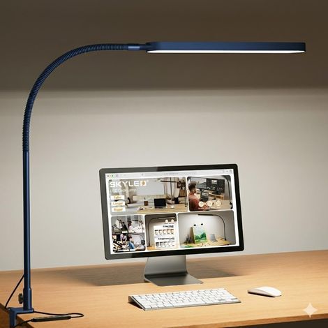 Lampe de Bureau - LED Desk Lamp - Col de Cygne Flexible - 5 Modes de Couleur X 11 Niveaux de Luminosité - 1300LM - Fonction Minuterie et Mémoire - Lampe Bureau 12W - Bleu (1/4)