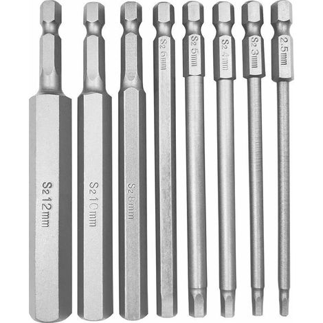 Set mit 8 Sechskant-Schraubendreherbits, 100 mm lang, magnetisch, mit 1/4"-Sechskantschaft – H2,5 bis H12 für Schraubendreher und Bohrmaschinen – Werkzeugzubehör (1/5)