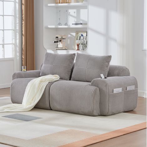 Sofá modular de 2 plazas en pana gris claro 200x99x80 cm, con portavasos integrado, bolsillo lateral y espuma de alta densidad (1/5)