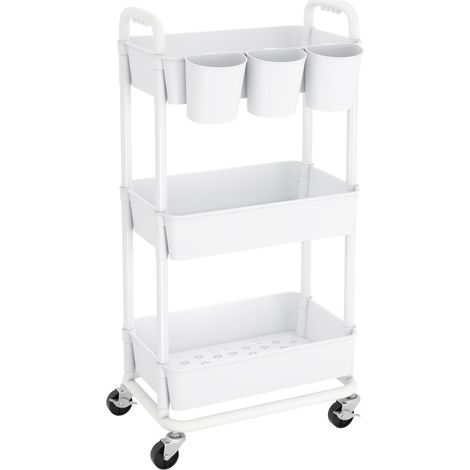 Chariot de Rangement à 3 Niveaux, roulettes en Plastique verrouillables, poignées, gobelets Suspendus supplémentaires, pour Salon, Salle de Bain, Salle de Bain, Cuisine, Bureau, Blanc (1/5)