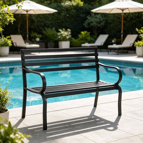 Banco de jardín 127x58x82 cm, respaldo alto inclinado, asiento profundo, metal epoxi negro (1/5)