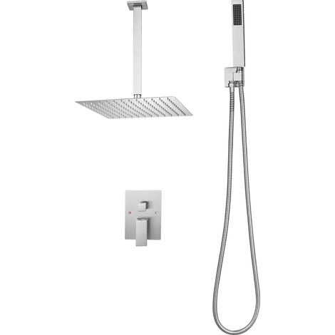 Mophorn Ensemble de robinetterie de douche encastrable, système de douche avec pommeau de tête carré de 30,5 cm, douchette à main et kit de garniture, montage au plafond, finition nickel brossé (1/5)