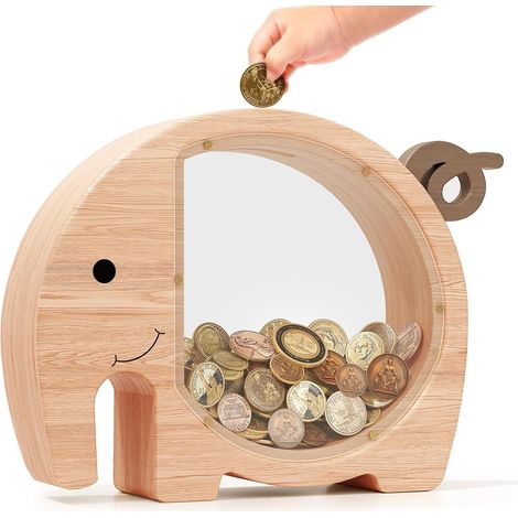 Boîte à monnaie en bois en forme d'éléphant avec fenêtre transparente – Bois naturel, cadeau amusant et éducatif pour les enfants