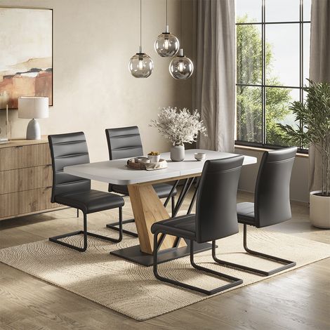 Set di tavoli da pranzo Fenaro, Bianco/Rovere dorato, 120 x 80 cm con 4 sedie da pranzo, nero, Vicco (1/5)