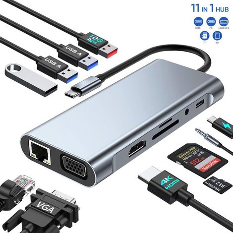 HUB USB C, Adaptateur USB C 11 en 1 avec 4K-HDMI, VGA, USB 3.0, Type C PD, Ethernet RJ45, Lecteur de Carte SD/TF, AUX 3,5 mm (1/5)