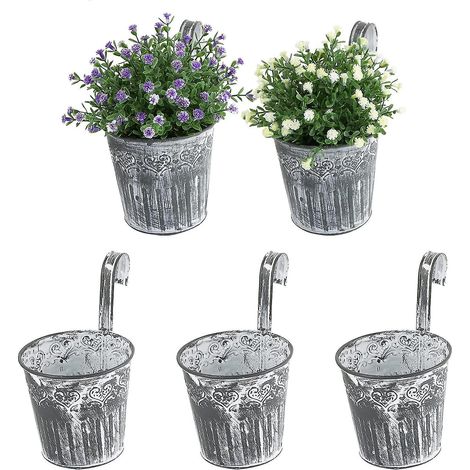 Set aus 5 Vintage-Hängeblumentöpfen aus Metall und Eisen für Zaun, Balkon, Pflanzgefäße, Innendekoration.