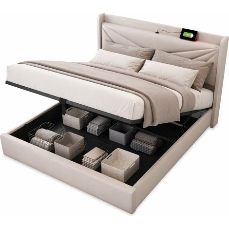 Letto matrimoniale 140x200 cm con contenitore, USB Type-C, testiera beige, senza materasso - CHICFURN (1/5)