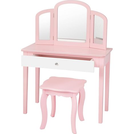 COSTWAY Set Tocador Infantil con Espejo Tripartido y Cajón Grande, Escritorio Desmontable 2 en 1 con Mesa Taburete (Rosa) (1/5)