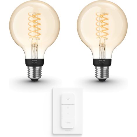 Philips Hue Kit d'extension E27 avec 2 Ampoules Globe à filament Petit (G93) Lumière blanche chaude - Comprend 1 Variateur de lumière - White (1/5)