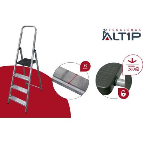 FPLUS escalera aluminio 6 peldaños , ESCALERA DOMÉSTICA DE ALUMINIO
Escalones de aluminio de 80 mm. de huella con relieves antideslizantes.
Bisagras de PP y perfiles de aluminio de