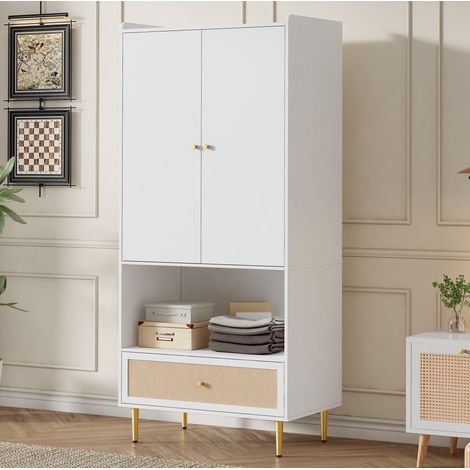 Armadio 2 ante con cassetto effetto rattan e appendiabiti 80x48x175 cm bianco DESVIAE (1/5)