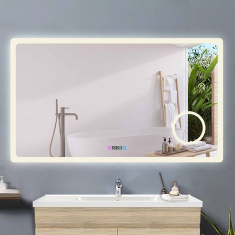 Acezanble miroir salle de bain 80x60cm + 3couleurs LED réglables + anti-buée + Miroir grossissant + Horloge numérique
