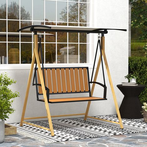 2-Sitzer-Gartenschaukel mit verstellbarem Sonnendach und Metallgestell, 142 x 112 x 162 cm, Naturholz und Beige
