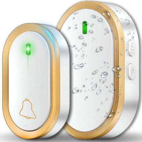 Sonnette radio étanche, sonnette sans fil, portée de 300 m, 38 mélodies, 4 niveaux de volume, branchement sans fil sur prise murale, IP44 (1/5)
