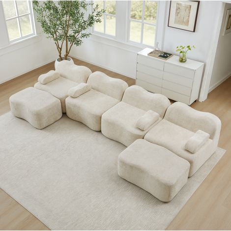 Divano 4 posti modulare in velluto beige per soggiorno OKMYHOME (1/5)