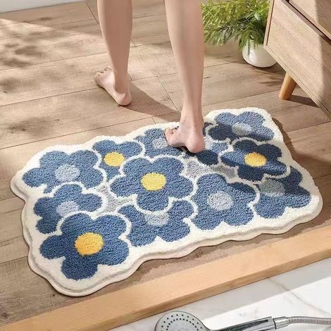 Rutschfester und saugfähiger Badteppich für das Badezimmer, waschbarer Teppich aus Kunstfell mit blauem Blumenmuster, 40 x 60 cm – ideal für Fliesenböden, Feuchtigkeit und Schmutz-lsw