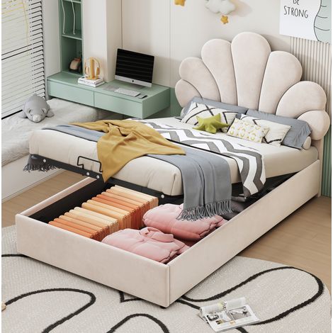Bett gepolstert 90x200 cm aus beige Samt, florales Kopfteil, Lattenrost und hydraulischem Stauraum (1/5)