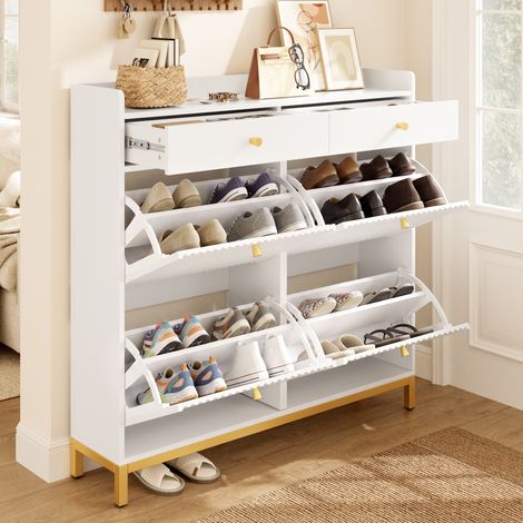 Zapatero estrecho con 4 puertas batientes y 2 cajones, equipado con tiradores y patas metálicas, ideal para recibidor o dormitorio, color blanco, 106,5 x 25 x 107 cm. (1/5)