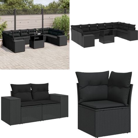 11-tlg. Garten-Sofagarnitur mit Kissen Schwarz Poly Rattan - Gartenmöbel Set - PE-Rattan Möbel - Outdoor Lounge - Garten Sofa - Balkon Möbel - Home & Living (1/5)