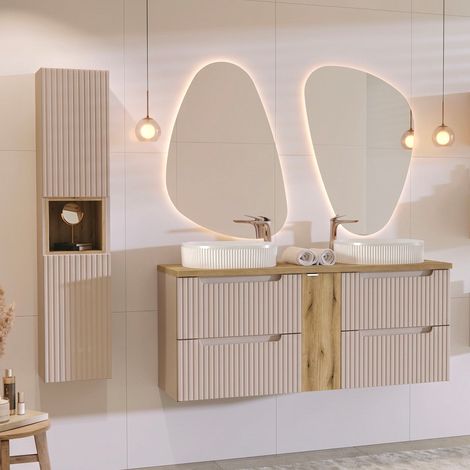 Conjunto de muebles con doble lavabo 140 cm 4 cajones y columna Riva Cachemira y Madera (1/4)