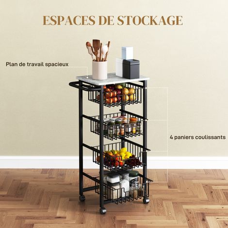 Desserte cuisine 4 niveaux roulettes plan de travail acier 49,5x31x91 cm gris clair (1/5)